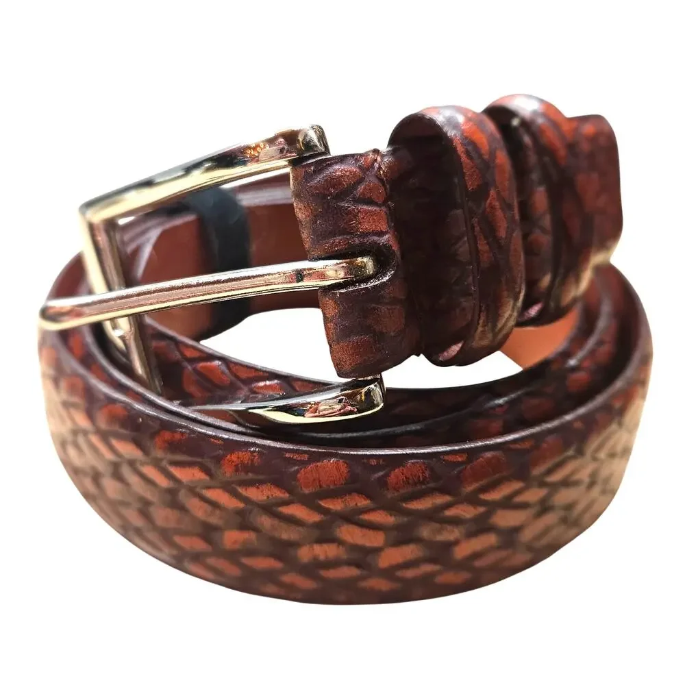 Men's Italian Embossed Leather Belt Brown Mimics Reptile Skin Texture Sz 44/110